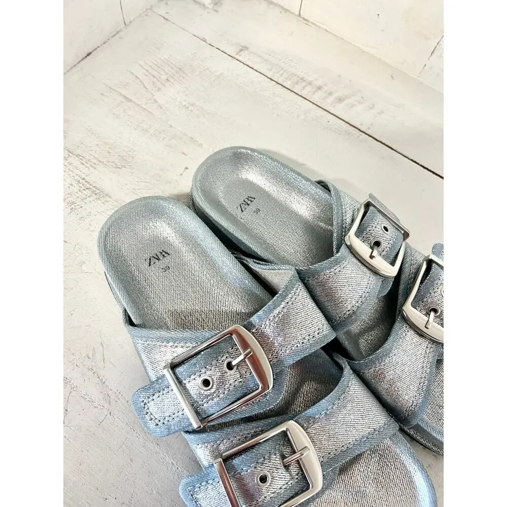 Zara Metallic Light Blue Double Buckle Slide Sandals - Picture 6 of 8